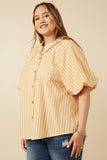 HY7314W Yellow Womens Striped Puff Sleeve Button Up Poplin Shirt Side