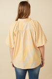 HY7314W Yellow Womens Striped Puff Sleeve Button Up Poplin Shirt Back