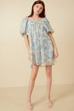 HY7346 Sage Womens Floral Organza Puff Sleeve Dress Full Body