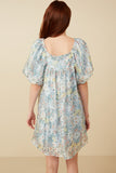 HY7346 Sage Womens Floral Organza Puff Sleeve Dress Back