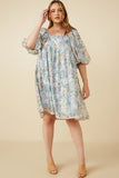 HY7346W Sage Plus Floral Organza Puff Sleeve Dress Full Body