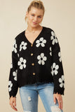 HY7434 Black Womens Distressed Floral Patterned Cardigan Front