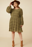 Plus Mixed Pleated Peasant Sleeve Dress Full Body