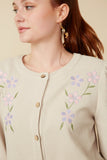 HY7517 Taupe Womens Floral Embroidered Textured Knit Cardigan Detail