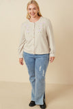 HY7517W Taupe Plus Floral Embroidered Textured Knit Cardigan Full Body