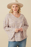 HY7523W Lavender Plus Textured V Neck Drop Shoulder Marled Knit Top Front