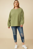 HY7528W Sage Womens Waffle Textured Striped Drop Shoulder T Shirt Pose