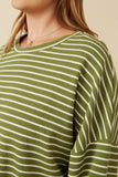 HY7528W Sage Womens Waffle Textured Striped Drop Shoulder T Shirt Detail