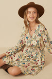 Floral Print Button Up V Neck Smock Detail Dress