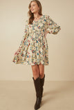 Womens Floral Print Button Up V Neck Smock Detail Dress Full Body