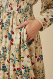 Womens Floral Print Button Up V Neck Smock Detail Dress Detail