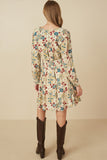 Womens Floral Print Button Up V Neck Smock Detail Dress Back