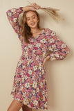 Womens Floral Print Button Up V Neck Smock Detail Dress Pose