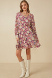 Womens Floral Print Button Up V Neck Smock Detail Dress Full Body