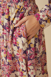 Womens Floral Print Button Up V Neck Smock Detail Dress Detail