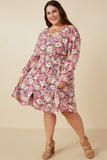 Plus Floral Print Button Up V Neck Smock Detail Dress Full Body