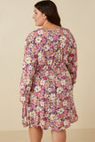 Plus Floral Print Button Up V Neck Smock Detail Dress Back