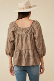 HY7592 Taupe Womens Brushed Floral Detailed Puff Sleeve Square Neck Top Back