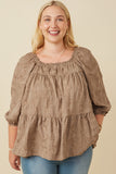 HY7592W Taupe Plus Brushed Floral Detailed Puff Sleeve Square Neck Top Front