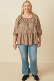 HY7592W Taupe Plus Brushed Floral Detailed Puff Sleeve Square Neck Top Full Body