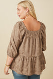 HY7592W Taupe Plus Brushed Floral Detailed Puff Sleeve Square Neck Top Back