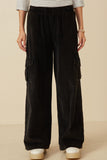 HY7600 Black Womens Washed Corduroy Wide Leg Cargo Pants Front