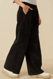 HY7600 Black Womens Washed Corduroy Wide Leg Cargo Pants Side