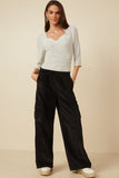 HY7600 Black Womens Washed Corduroy Wide Leg Cargo Pants Full Body