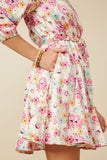 HY7627 Ivory Womens Satin Floral Long Sleeve Belted Flare Skirt Dress Detail
