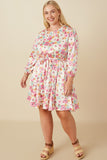 HY7627W Ivory Plus Satin Floral Long Sleeve Belted Flare Skirt Dress Full Body