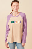 HY7679 Taupe Womens Merci Applique Brushed Color Block Raglan Top Front