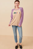 HY7679 Taupe Womens Merci Applique Brushed Color Block Raglan Top Full Body