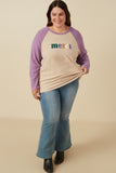 HY7679W Taupe Plus Merci Applique Brushed Color Block Raglan Top Full Body