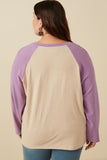 HY7679W Taupe Plus Merci Applique Brushed Color Block Raglan Top Back