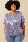 HY7693W Lavender Womens Sequined Short Sleeve Dolman Top Front