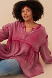 Plus Washed Raw Edge Puff Sleeve Peplum Top Pose