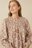 Womens Floral Smocked Yoke Long Sleeve Top Detail