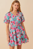 HY7933 Mint Womens Floral Print Smocked Waist Button Dress Front