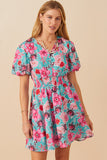 Womens Floral Print Smocked Waist Button Dress