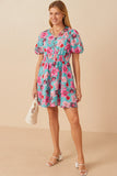 HY7933 Mint Womens Floral Print Smocked Waist Button Dress Full Body