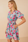 HY7933 Mint Womens Floral Print Smocked Waist Button Dress Side