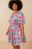 HY7933W Mint Plus Floral Print Smocked Waist Button Dress Side