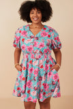 HY7933W Mint Plus Floral Print Smocked Waist Button Dress Pose