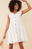 HY7990 Off White Womens Textured Floral Button Tiered Dress Front