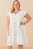 HY7990 Off White Womens Textured Floral Button Tiered Dress Front