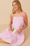 HY7999 Pink Ruffle Trimeed Poplin Stripe Dress Front