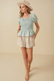 HY8149 MINT Womens Ruffle Detail Smocked Floral Embroidered Top Full Body