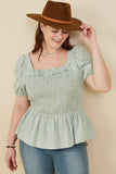 HY8149W MINT Womens Ruffle Detail Smocked Floral Embroidered Top Front