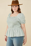 HY8149W MINT Womens Ruffle Detail Smocked Floral Embroidered Top Side