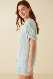 HY8247 Mint Womens Textured Gathered Sleeve Stretch Knit Top Side